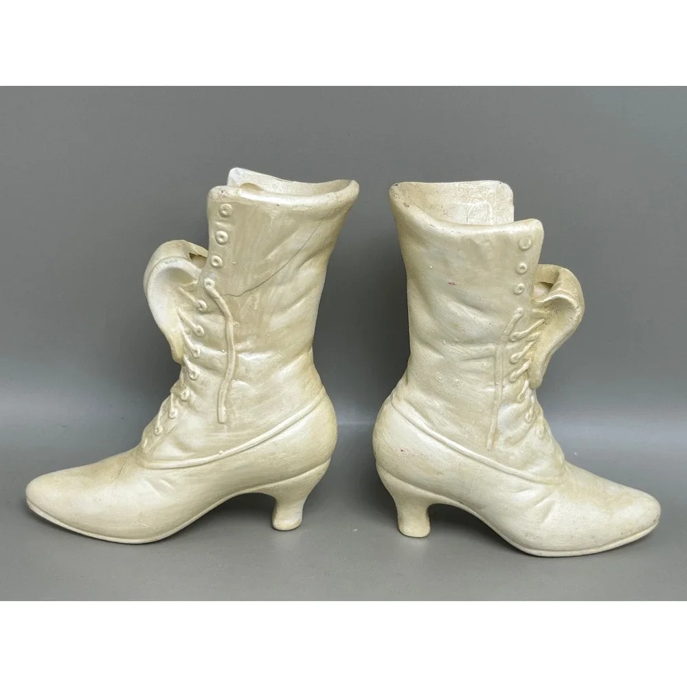 Vtg Victorian Ceramic Boot Wall Pocket Vases Cream Pearlized Pair 3.25